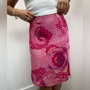 Vintage Y2K Guess Collection Pink Floral Rose Chiffon Pencil Mini Skirt Size 0